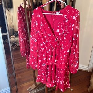 Red dress with flowers, zip up back long sleeve